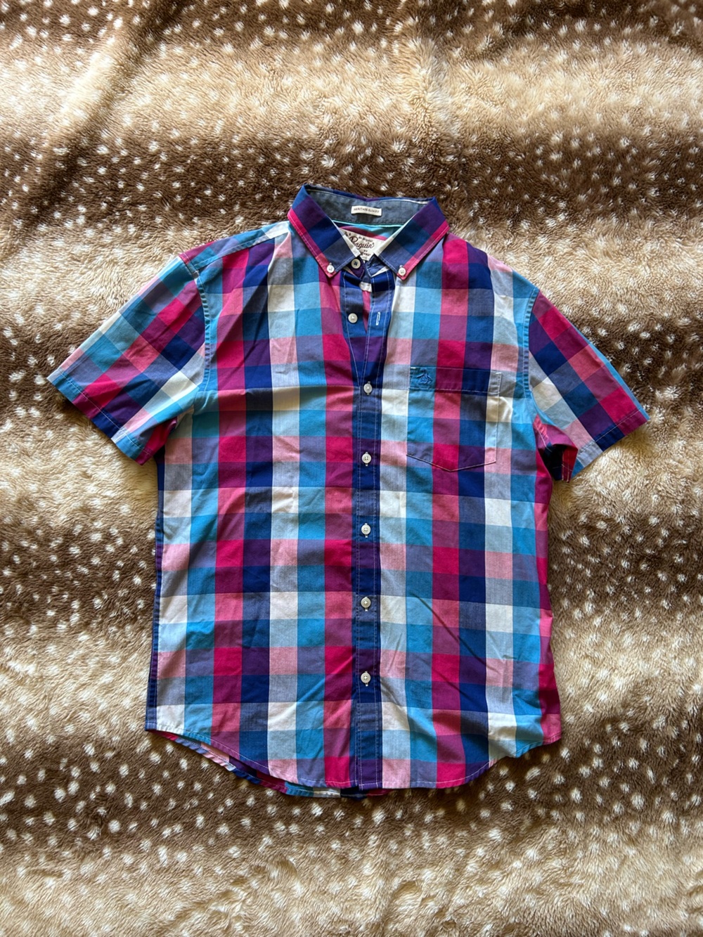 Penguin blue, pink, and white plaid button-up shirt size M